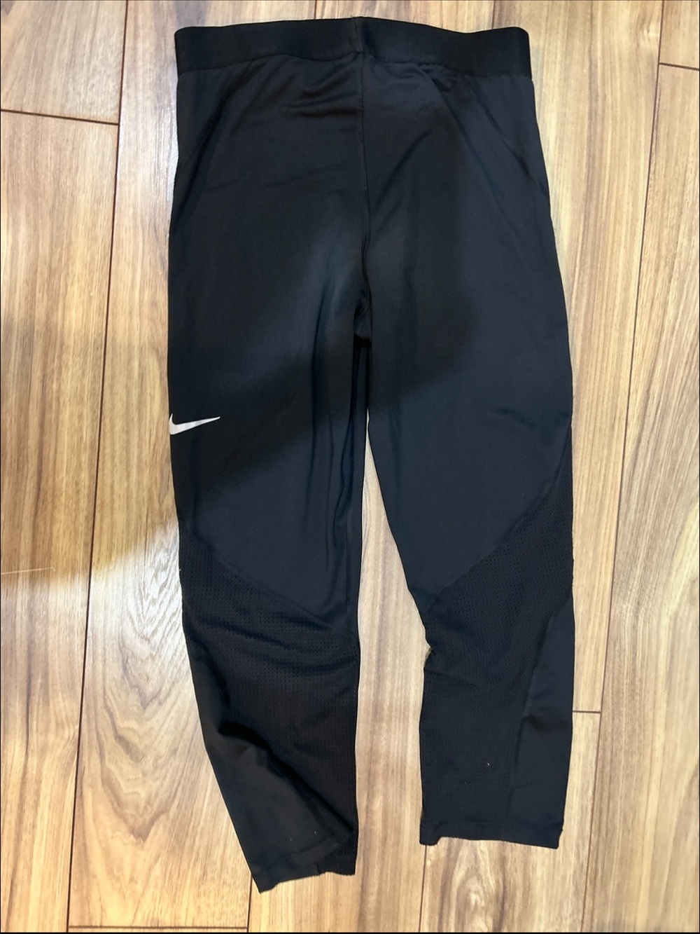 Nike Pro Hypercool Black Athletic Leggings- White Swoosh 3/4 length with mesh